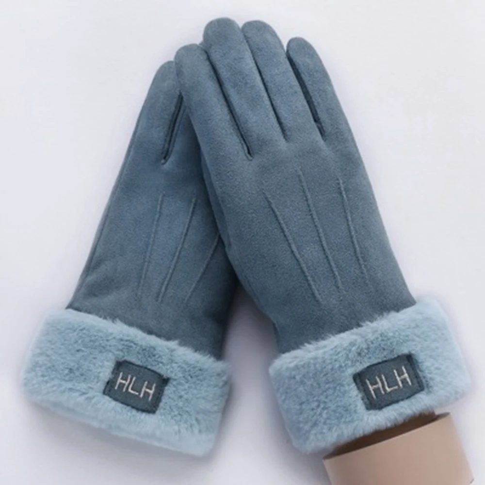 081B-blue gray HanXi зимние замшевые перчатки для женщин бархат Сенсорный экран полный палец перчатки элегантные леди варежки спорт - Цвет: 081B-blue gray