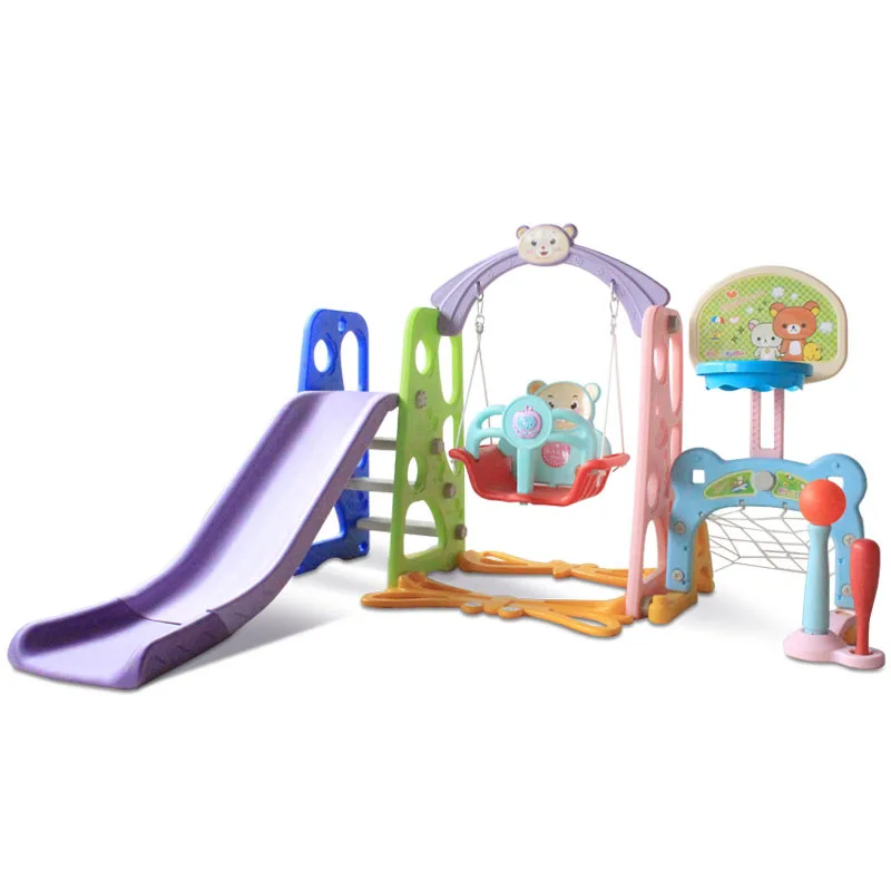 5 In1 enfants de luxe toboggan et balançoire chaise bébé intérieur en plastique coloré diapositives enfants aire de jeux jouet avec support de basket-ball musique