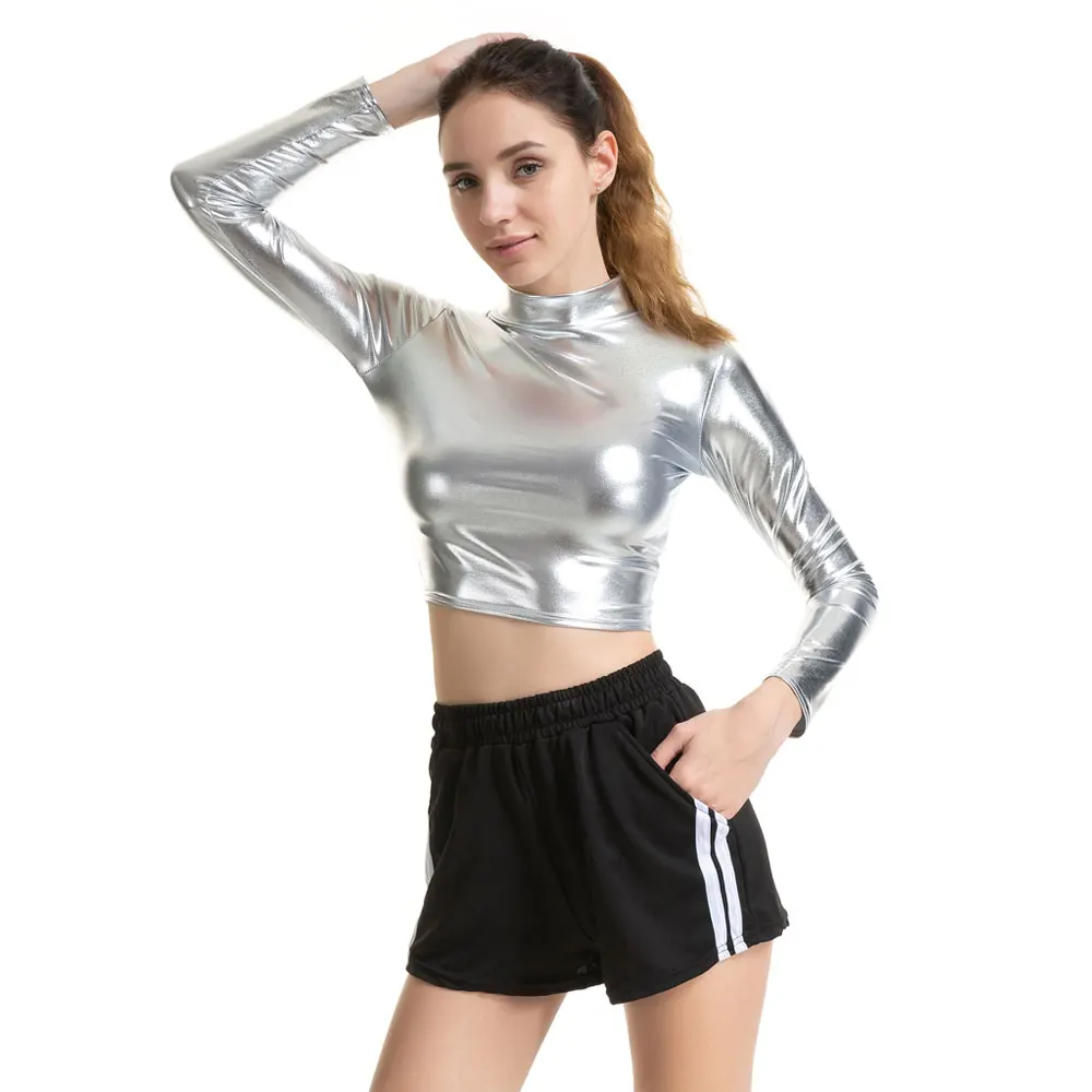 Silver Женский Модный укороченный топ из искусственной кожи с длинным рукавом, короткая рубашка, жилет со стоячим воротником, сексуальный топ на бретелях, женское белье, костюмы для танцев на шесте - Цвет: Silver