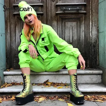 

Casual Safari Style Cropped Jackets And Cargo Pants Two Piece Set Outfits Patchwork Ribbon Women Joggers Suit Sets