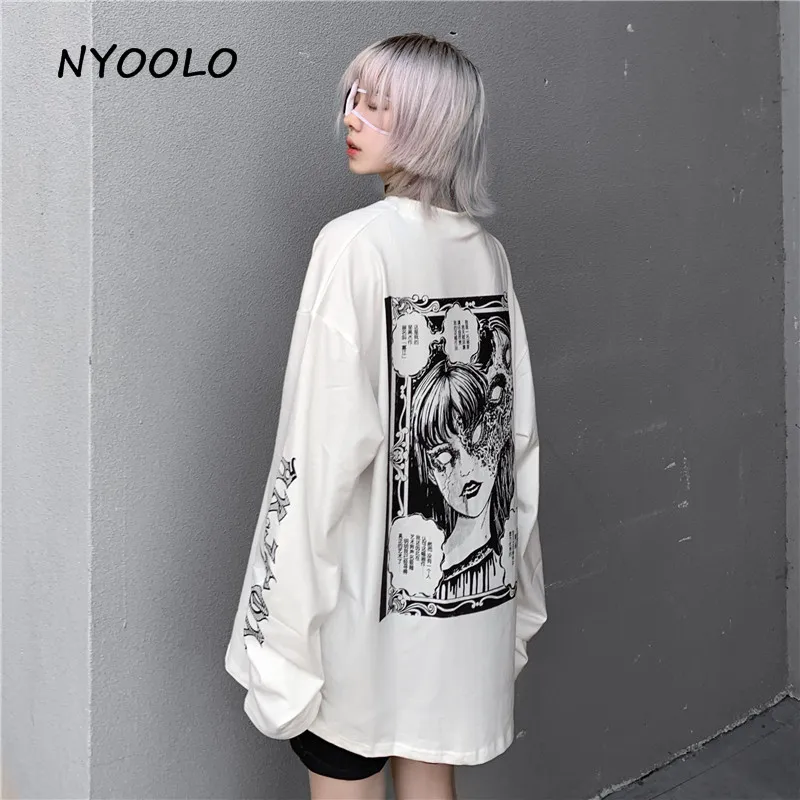 NYOOLO Harajuku дизайн аниме томие ужас буквы печати Футболка Осенняя уличная свободная