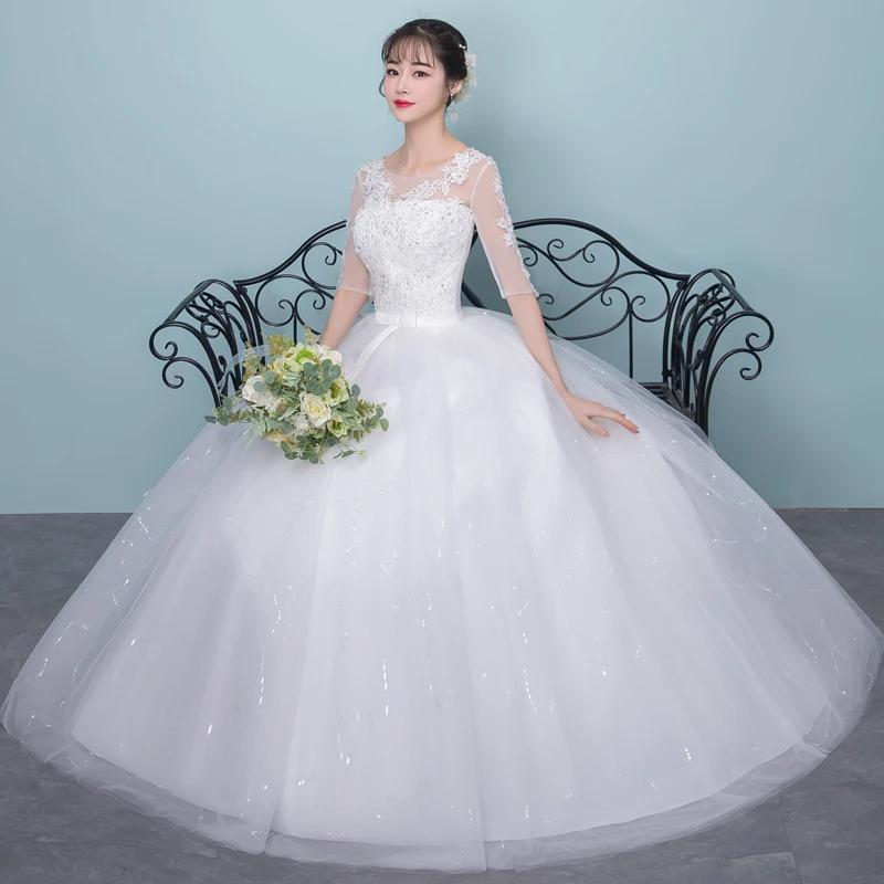 

ENGERLA Three Quarter Lace Sleeve Sexy Wedding Dress Open Back Bow Knot Sashes Tulle Bridal Ball Gown
