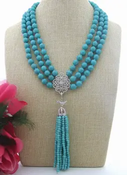 

20" 3 Strands 10mm blue Gems Stone Necklace CZ Pendant