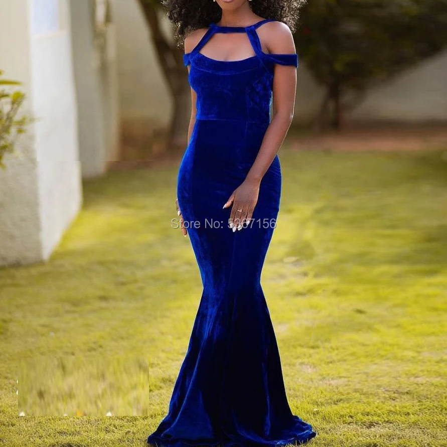 Abiye Evening Dresses Royal Blue Sleeveless Robe De Soirre Abendkleider Velvet Prom Dresses Off Shoulder Mermaid Formal Gowns