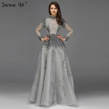 Мусульманских Серый роскошный одежда с длинным рукавом вечернее платье новейший дизайн с украшением в виде кристаллов на высоком вечерние платья с круглым вырезом Serene Hill DLA60975
