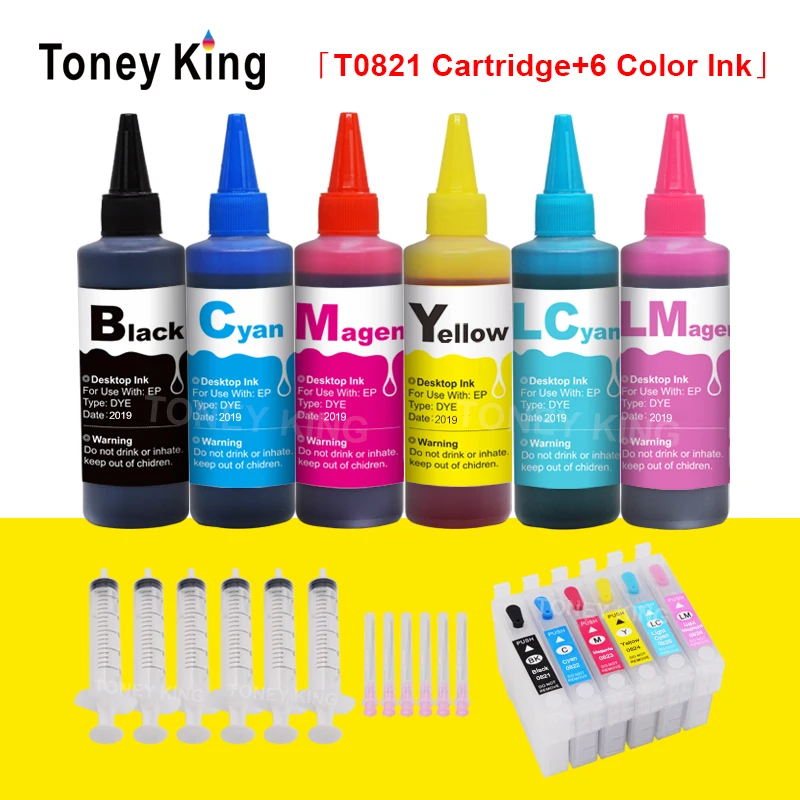 

Toney King 6×100ml Printer Ink Refill Kits + T0821-T0826 Dye Ink Cartridges For Epson Stylus Photo T50 R290 R295 R390 RX590