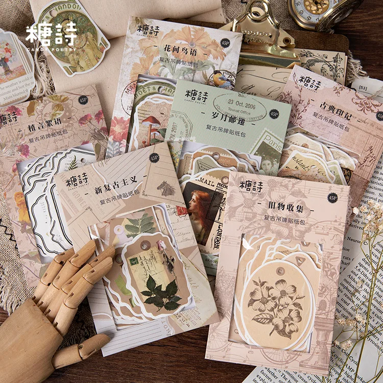 

Mohamm 45PCS Nostalgic Tag Series Creative Retro Handbook Decoration Sticker Scrapbooking Girl School Supplies Stationery