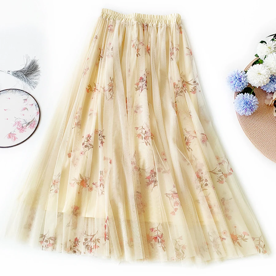 

2020 New Spring Summer High Waist Mesh Tutu Skirts Large Swing A-Line Fairy Tulle Skirt Gentlewoman Bohemian Floral Print Skirt