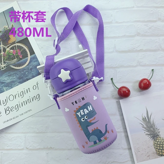Детская бутылка для воды чайник мультфильм милый напиток пластиковая Спортивная бутылка с соломинкой портативная детская чашка - Цвет: violet with cover