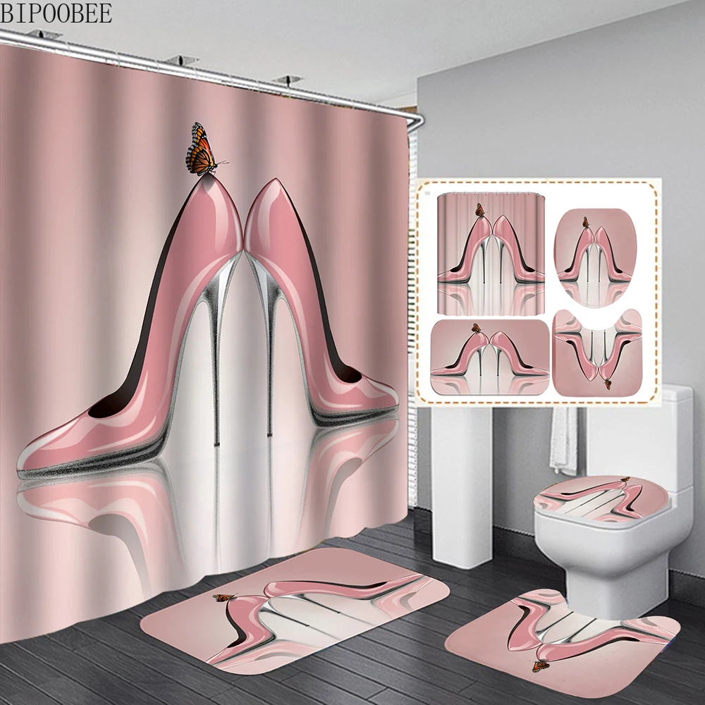 Pink Shoes Butterfly Shower Curtain Non-Slip Bath Mat Pedestal Rug Toilet Cover 