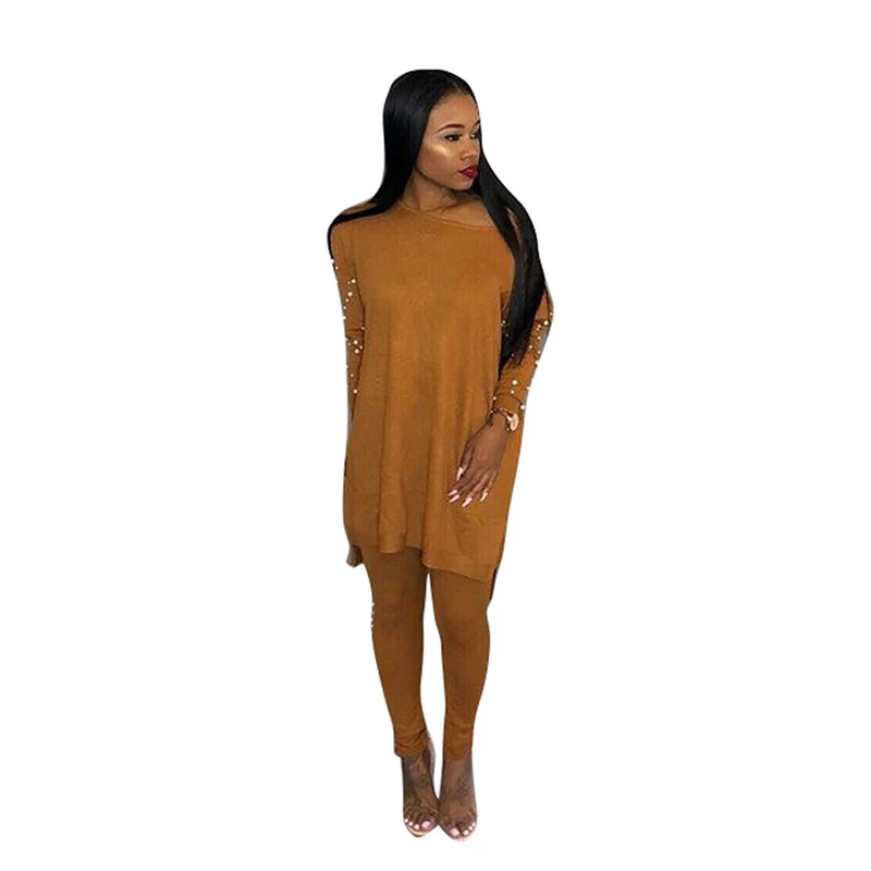 

Autumn Winter Women Knit Pants Set Pearl Two Piece Set Long Sweater Pullover Pants Sets Casual Women Knitted Tracksuit
