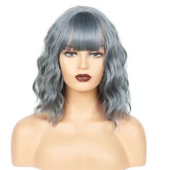 

Wavy Curly Bob Wig with Bangs Brown to Blonde Short Wig 2 Tone Ombre Wig Natural wavy Heat Resistant Synthetic Hair
