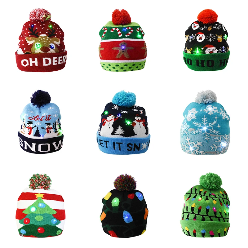 LED New Year  Christmas Hat Sweater Knitted Beanie  Light Up Winter Knitted Hat Christmas Gift for Kids Xmas New Year Decoration