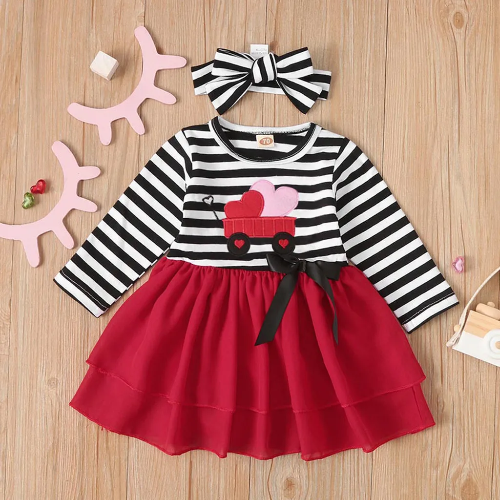 Г. Летнее платье для маленьких девочек; милое платье для маленьких девочек на День Святого Валентина; платье из тюля в полоску с сердечками для девочек; повязка на голову; наряды; Vestidos