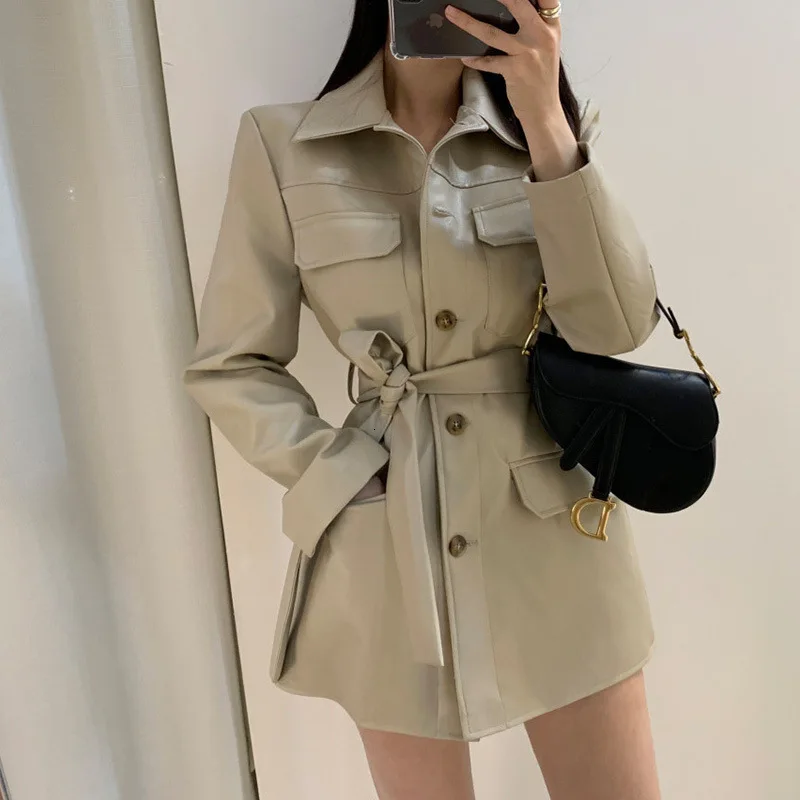 WOMENGAGA Leather Clothing Woman Autumn Long Fund Single Row Buckle Chalaza Pocket Locomotive Leisure Time Slim Coat ZX340