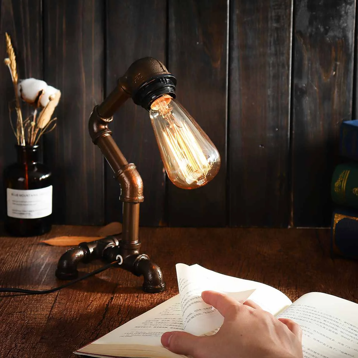 Vintage Industrial Water Pipe Table Lamp Light Steampunk Table Desk Lamp Lantern Fixture E27 Bulb Home Bedroom Decoration