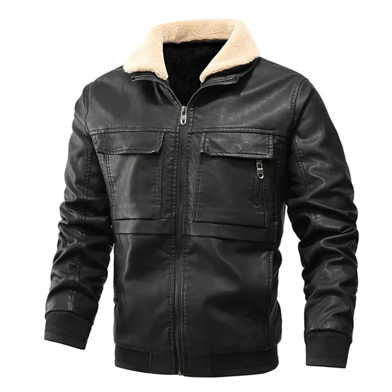 

AKSR 2020 New Men's Leather Jacket Male Plus Velvet Thick PU Fur Coat Zipper Faux Leather Winter Warm Fashion Classical Lapel