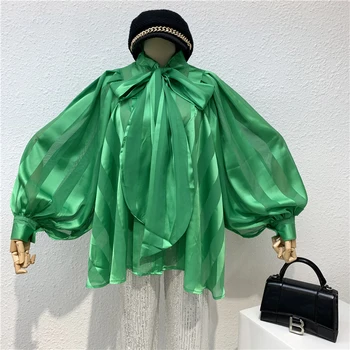 

big lantern sleeve bow tie women's shirts femme striped blouses tops