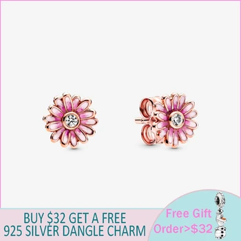 

2020 New Series 925 Sterling Silver Pink Daisy Flower Stud Earrings for Women Unique Design Jewelry Anniversary