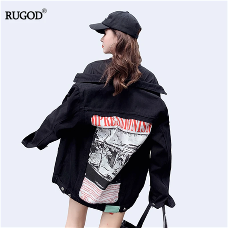 

RUGOD 2019 New Autumn Women Black Denim Jacket Back Abstract Pattern And Letter Print Fashion Loose Slim Coat High Street Casual