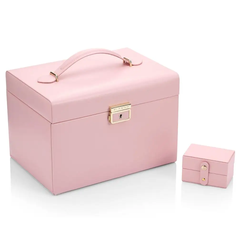 Pink Vlando коробка ювелирных изделий высокой емкости зеркальный Подарочная Коробка органайзер с ручкой, мягкий из ПУ искусственной кожи и дерева декоративные украшения - Цвет: Pink