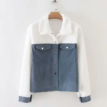 

Harajuku Style Jackets Turndown Collar Patchwork Colors Corduroy Jackets Women Casual Long Sleeve Alloy Button Jackets Coat #15