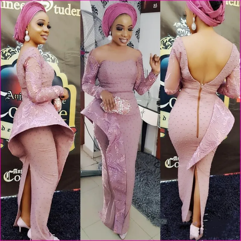 

Saudi Arabic Full Sleeves Mermaid Evening Dresses With Beads Pearls Sheer Neck Prom Dresses Backless Split Back vestido de noiva