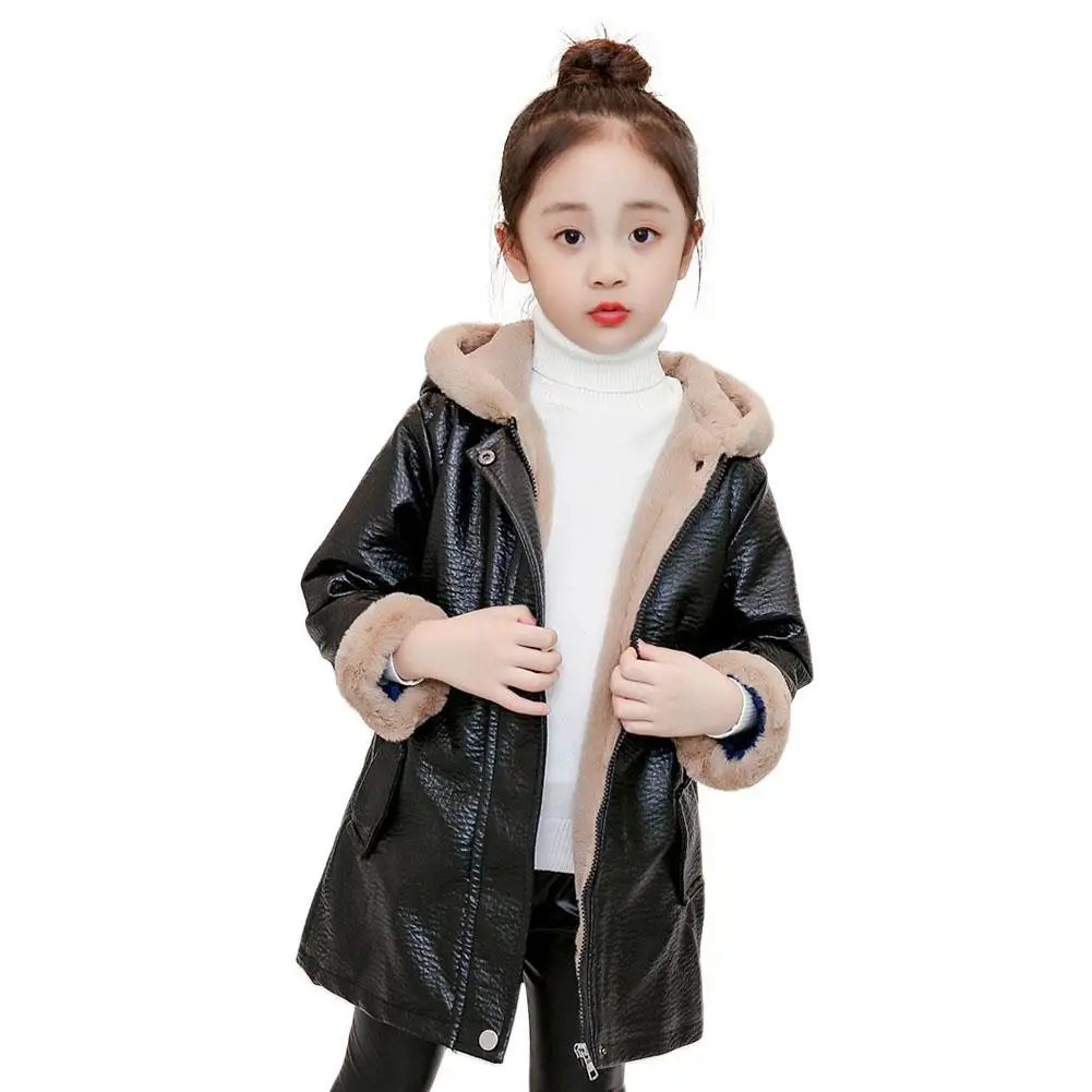 Kuulee Girls Leather Jacket Thicken Velvet Coat Outwear Long Version Cardigan Hoodie