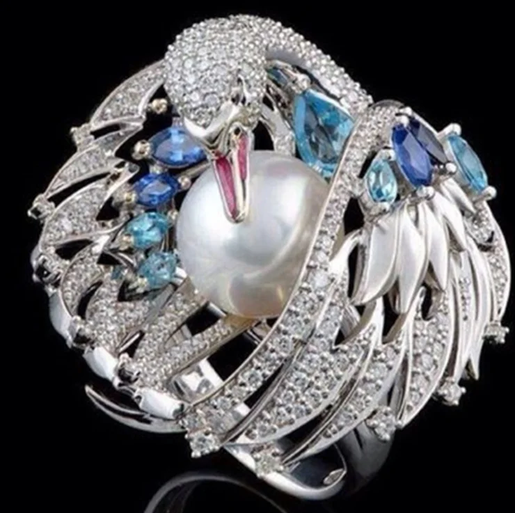 Blaike изысканный белый лебедь синтетический жемчуг кольца для женщин 925 Серебро Свадебное обручальное кольцо Ювелирные изделия Подарки - Цвет основного камня: Silver