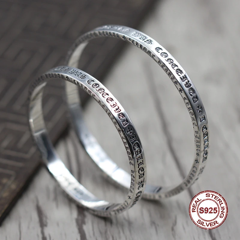 

S925 Men's bracelet in Sterling Silver Personality retro hip hop Letters closed bracelet Classic simple punk style Send a gift