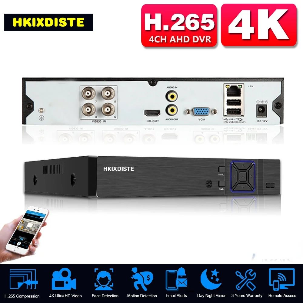 8MP CCTV домашний видеорегистратор AHD 4-канальный Гибридный DVR NVR 4K распознавание лица
