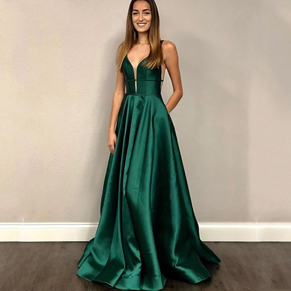2021 Green Prom Dresses Sleeveless Elegant Noble Satin Sexy A-Line V-Neck Backless Wedding Graduation Party Evening Gowns Formal | Свадьбы и