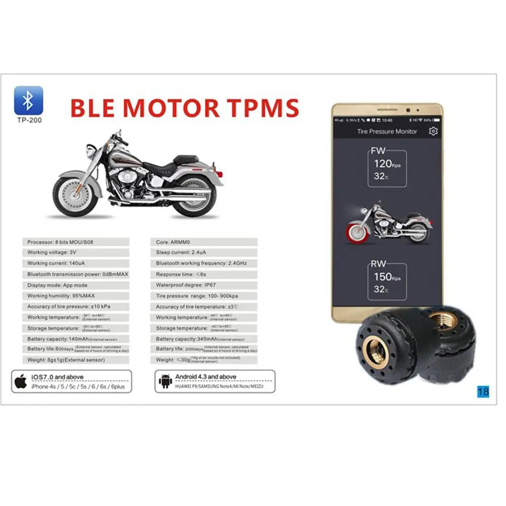 Motorcycle Bluetooth Tire Pressure Monitoring System Auto External Sensors For Mobile Phone APP Detection 2 External Sensors