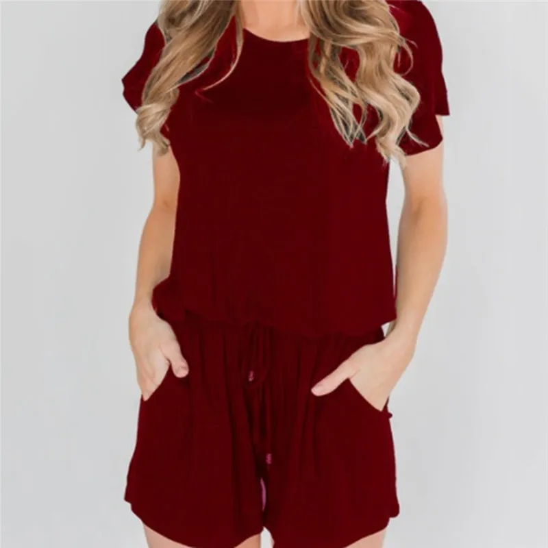 Летний женский элегантный комбинезон для отдыха, Женский Повседневный Комбинезон в полоску с коротким рукавом - Цвет: wine red