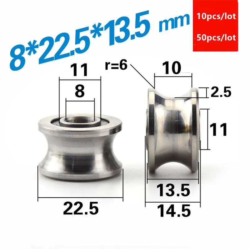 10 Stück/50 Stück U22-Rillenrolle, 8 x 22,5 x 13,5 mm, 12 mm Durchmesser, Schienenrad, 8 x 22,5 x 13,5 mm, trapezförmige T-Nut – Detail 1