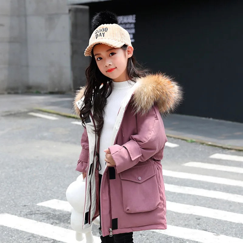 

-30 Degree Girls Down Parkas Duck Down Filling Thick Warm Girls Winter Jacket Large Fur Collar Pocket Long Kids Snowsuit Z701