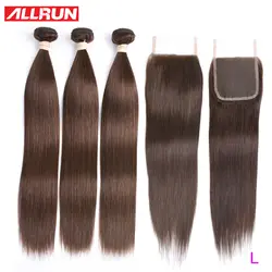 Allrun перуанский натуральные волосы Связки с закрытием 3/4 шт прямые волосы Bunbles с закрытием кружева не Реми 4 # бесплатная часть