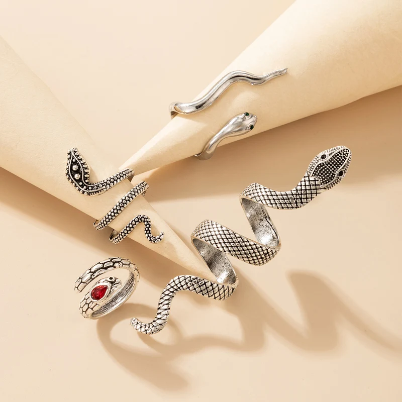 Bohe Snake Ring Sets for Women Men Geometry Crystal Opening Animal Silver Color Ring 4pcs/set Party Jewelry finger ring silver ring ring set opening ring animal ring