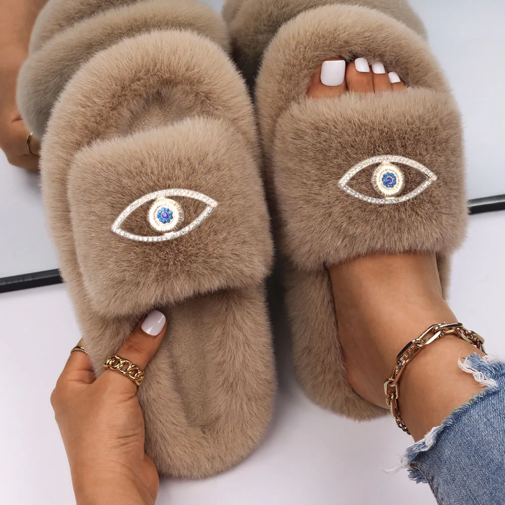 Women Home Slippers Designer Furry Slides Faux Fur Sandals Ladies Luxury Decor Fluffy Slippers Flip Flops Female Flat Shoes 2022