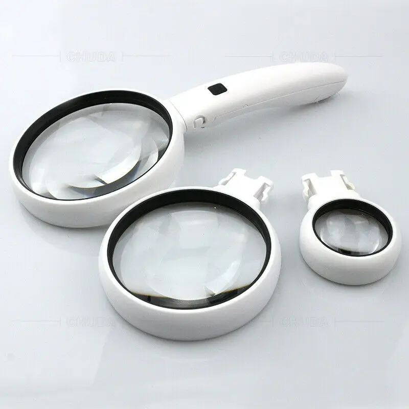 

Optical Acrylic Changeable Lens Crank Handheld Magnifying Glass LED Lighted Newspaper Reading Magnifier 90 75MM 37MM 3.5x 5x 11x