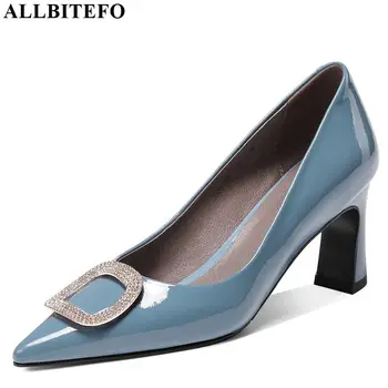 

ALLBITEFO high quality genuine leather women heels pointed toe spring autumn high heel shoes rhinestone office ladies shoes