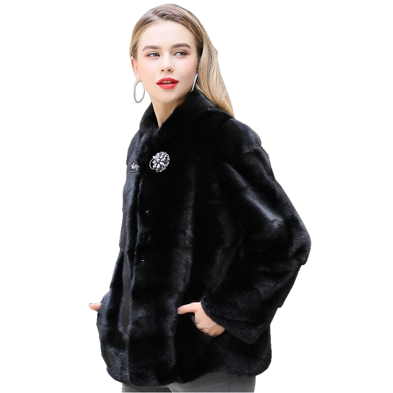 Роскошная натуральная норковая шуба куртка воротник стойка осень зима женское меховое пальто плюс размер 4XL LF9114 - Цвет: Black