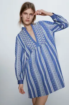 

2020 new Spring Summer European streetwear Printed female Mini Dress zaraing vadiming sheining Women's Blue dress XDN9425