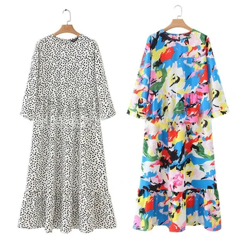 

RICORIT Dots Print Maxi Dress Women Fashion Three Quarter Pleated Female Straight Ankle-Length Dress Casual Chic Vestido Платье