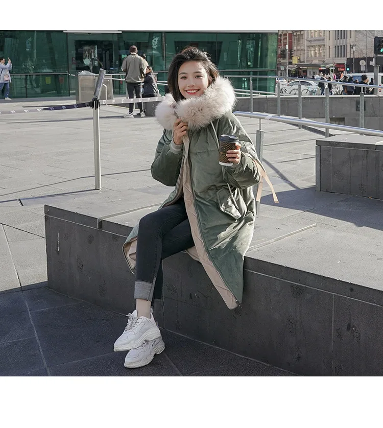 2019chic2018, корейский стиль, Зеленое Длинное пуховое пальто выше колена с лентами, с капюшоном, большой меховой воротник, бархатная хлопковая стеганая одежда для женщин