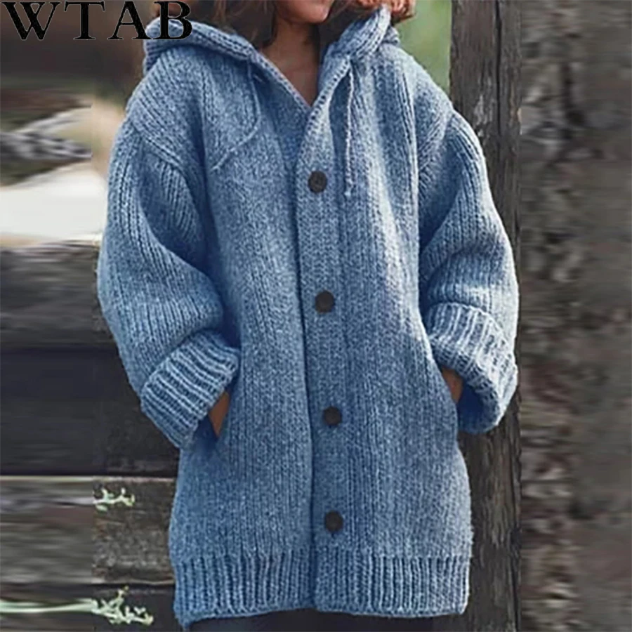 WTAB2019 5XL, винтажные свободные кардиганы с карманами, свитера для женщин, осенне-зимний свитер с длинным рукавом на пуговицах, повседневное пальто размера плюс для женщин