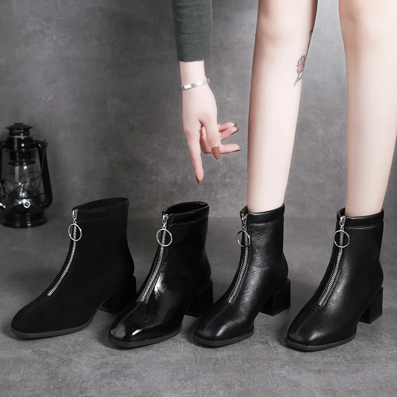 

Zipper Round Toe Brand Women's Shoes Chunky Heel Autumn Boots Bootee Woman 2019 Booties Ladies Fashion Flat Rubber Rock Med