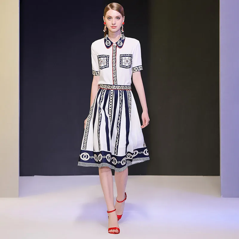 

DIDABOLE2019 Summer New Doll Collars Short Sleeved Diamond Shirts Shown Thin Waist A-character Skirt Stripes Half Skirt Fashion