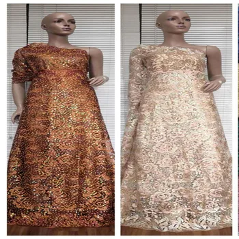 

Sequins African Lace Fabric 2019 High Quality French Brown Tulle Lace Fabric Nigerian Lace Fabrics Guipure Orange For Wedding