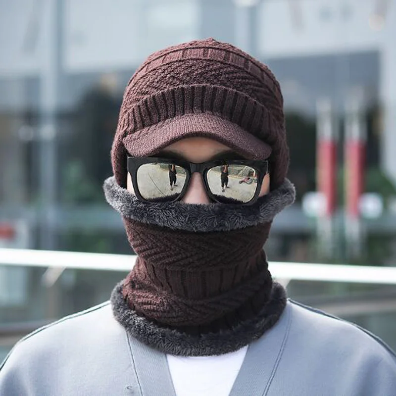 XEONGKVI Korean Winter Warm Duck tongue Knitted Cap Scarf Two-piece Set Brand Skullies Beanies Pompom Men Woolen Hat